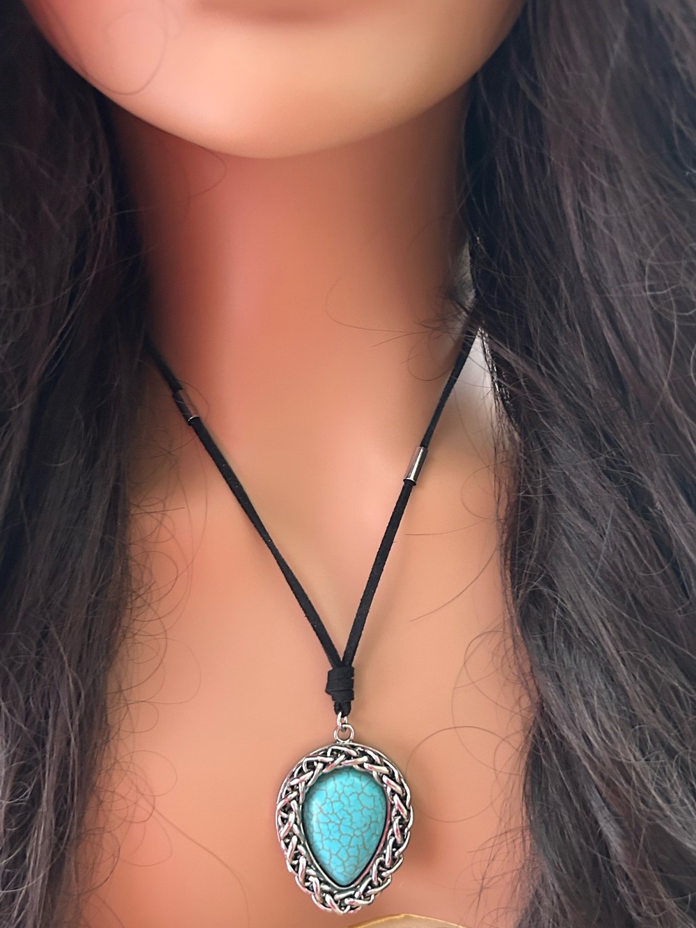 Justin Western Teardrop Turquoise Color Stone Silver Metal Black Cord Necklace